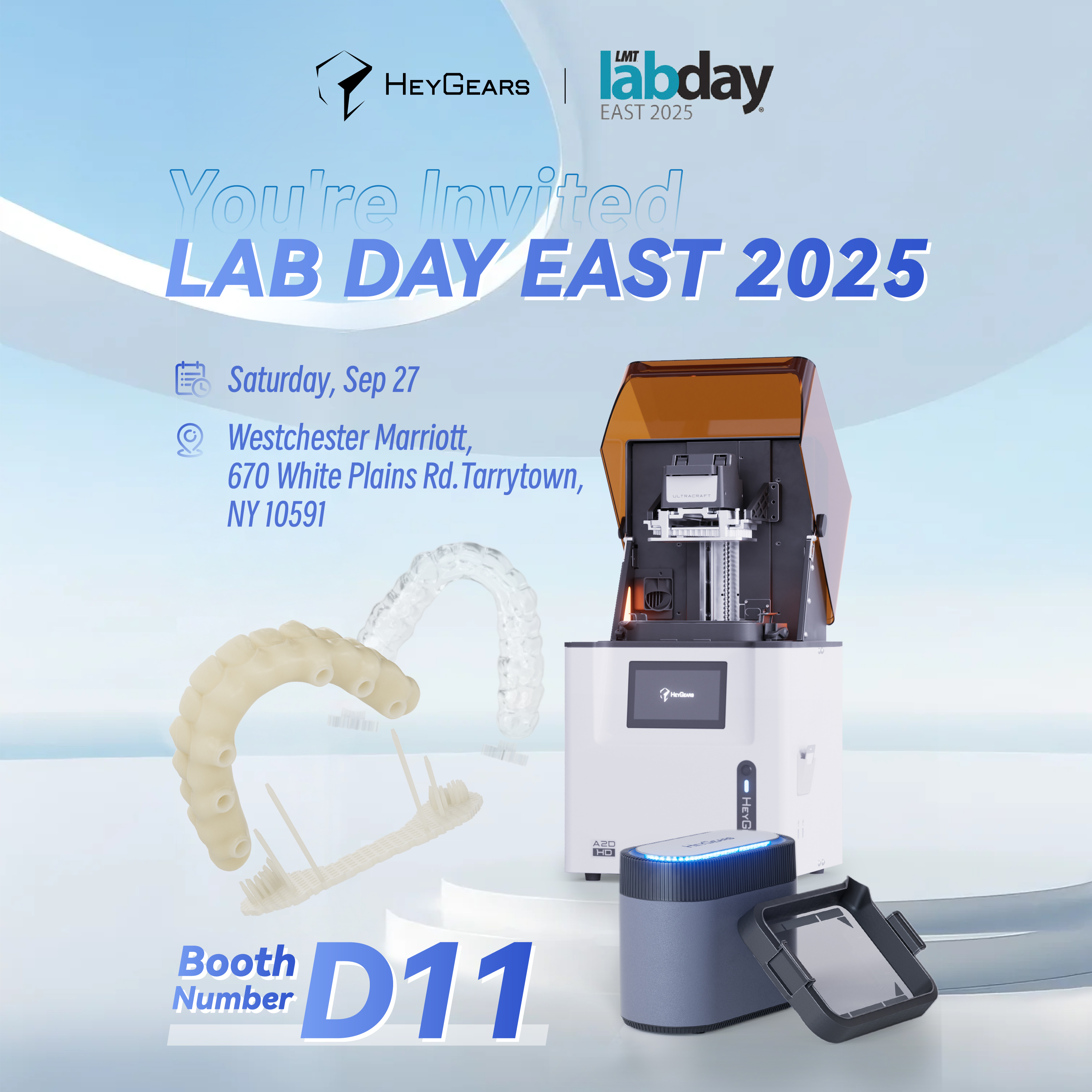 An invitation to Lab Day East 2025. The image showcases the HeyGears dental 3D printer A2D HD and 3D printing dental applications all-on-x, splint. 